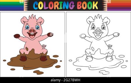 Coloring book cartoon pig play in a mud puddle Stock Vector
