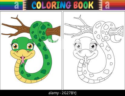 Coloring book with cute snake on tree branch Stock Vector