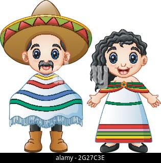 Cartoon Mexicans couple wearing traditional costumes Stock Vector