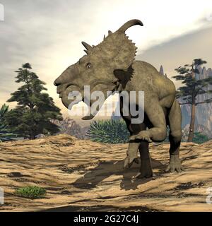 Pachyrhinosaurus dinosaur in a prehistoric landscape.