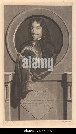 Portrait of James Hamilton, Hamilton's first duke. James Hamilton, Count of Aran and the first Duke of Hamilton. General of the Scottish Army during the English Civil War. The print has a French poem as a caption about his life. Stock Photo