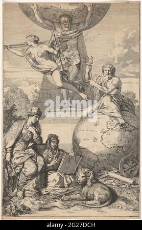 Atlas bears the world on his shoulders. Atlas bears the world on his shoulders and stands on a pedestal. Left of him blows fame the trumpet, right is Neptune on a globe. In the foreground is extremely left Cybele, the personification of earth, with a crown in the form of walls and towers on her head and a key in her hand. In addition to her, Geografia, personification of geography, describes a drawing board. Geograchtia is surrounded by various measuring instruments and holds a passer. There is a lion to her feet. Stock Photo