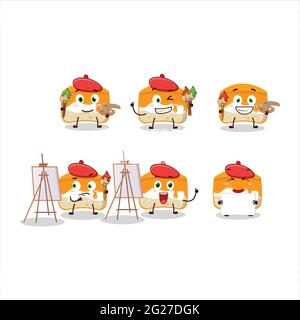 Artistic Artist of orange cake cartoon character painting with a brush. Vector illustration Stock Vector