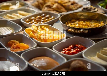 Rich and delicious Turkish breakfast on the table Stock Photo