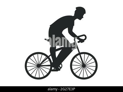 Black silhouette of cycler on white background - vector illustration. Sportsman in helmet rides on bike. For pictogram, logo, design template Stock Vector