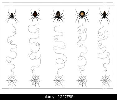 handwriting training game for kids, from point to point, spiders go down to the web, halloween. vector isolated on a white background. Stock Vector