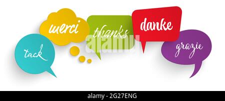EPS 10 vector illustration of colored speech bubbles row isolated on white background with greetings text " thanks " in different languages Stock Vector