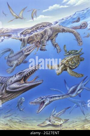 Reconstruction of the fauna in Lembe's Ocean during the Late Cretaceous, based on the Coniacian. Pictured are; Angolasaurus, Tylosaurus, Angolachelys, Stock Photo