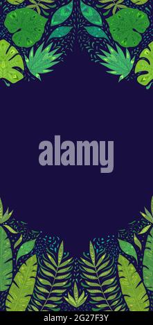 Vertical card with pattern with monstera, banana and liana leaves and copy space on dark blue background. Tropical greeting card. Banner with jungle f Stock Vector
