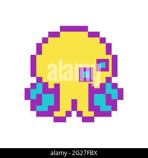 Yellow jellyfish in pixel art style, vector isolated. Cute retro 8-bit octopus icon or logo Stock Vector