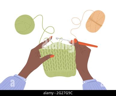 Crochet knitting process. African female hands with hook and thread. Balls of yarn. Top view of the workplace. Tailor shop elements. Hand drawn vector Stock Vector