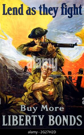 World War I print of soldiers in action, in an attempt to capitalize on the people's patriotism. Stock Photo