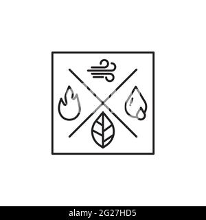 Monoline Environmental design template isolated on white color background. Vector illustration of four element of life. Earth, water, fire and Air. Stock Vector