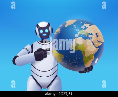 robot cyborg holding planet earth globe modern robotic character artificial intelligence technology concept Stock Vector