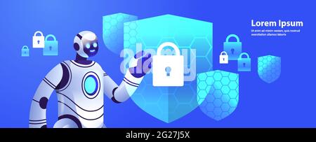 modern robot cyborg with protection shield cyber security data protection artificial intelligence technology concept Stock Vector