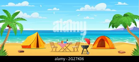 Summertime on the beach. Palms and plants around Stock Vector