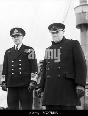 Prime Minister Winston Churchill with Sir Dudley Pound aboard the RMS Queen Mary, 1943. Stock Photo