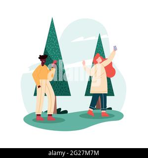 interracial couple using mobile devices Stock Vector