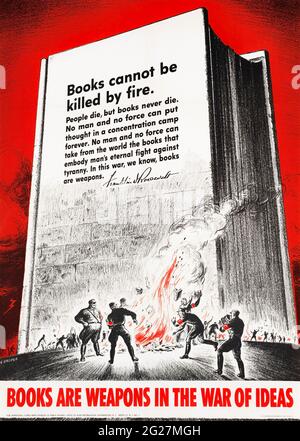 Vintage WWII propaganda poster of German soldiers burning books in front of a giant book. Stock Photo