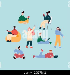 eight persons using mobile devices Stock Vector