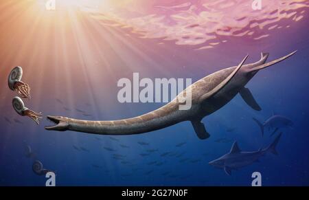 Plesiosaurus dolichodeirus hunting ammonites. Stock Photo