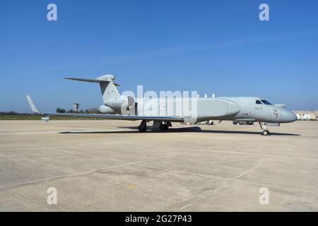 Italian Air Force G550 CAEW aircraft on its base at Pratica di Mare, Italy. Stock Photo