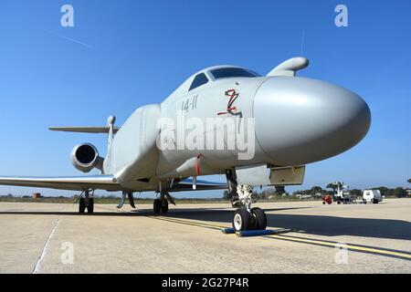 Italian Air Force G550 CAEW aircraft on its base at Pratica di Mare, Italy. Stock Photo