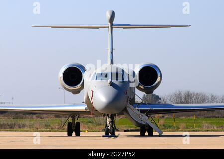 Italian Air Force G550 CAEW aircraft on its base at Pratica di Mare, Italy. Stock Photo