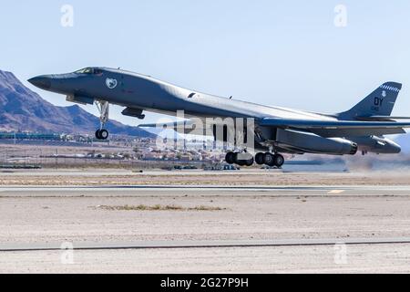 A B-1B Lancer of the U.S. Air Force taking off. Stock Photo