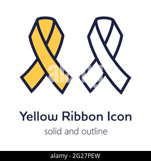 Simple flat Yellow Ribbon Awareness icon, outline and solid variations. Symbol of suicide prevention, bone cancer and endometriosis Stock Vector