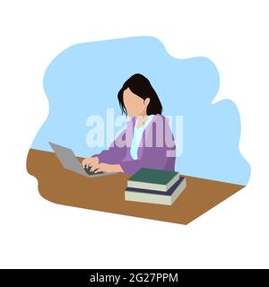 illustration in flat style. Girl at a laptop. Shopping online, store. Abstract cozy background. Poster design, banner. Working from home Stock Photo