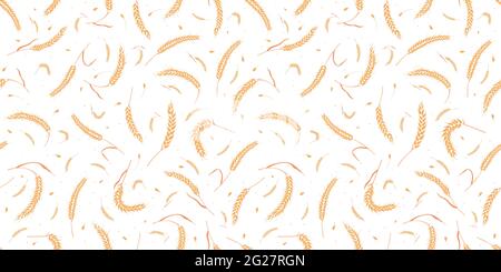 Seamless pattern with whole grain seeds organic, natural ears isolated on white background flat style design vector illustration. Wheat, barley or rye Stock Vector