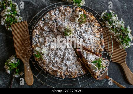 Fruitcake isolated on dark background. Cherry crumble cake on a cooling rack with cherry blossoms on a dark table Stock Photo