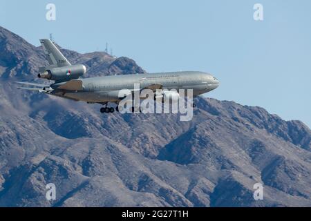 A Royal Dutch Air Force KDC-10 tanker prepares for landing. Stock Photo