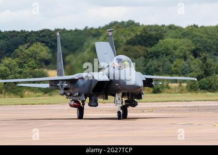 A U.S. Air Force F-15E Strike Eagle taxis in after landing. Stock Photo