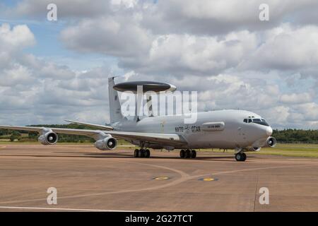 A NATO E-3A Sentry taxis in after landing at RAF Fairford. Stock Photo