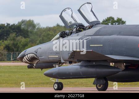 A Turkish Air Force F-4E Phantom II taxis in after landing. Stock Photo