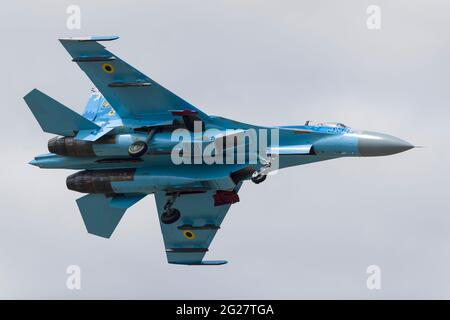 A Ukrainian Air Force Sukhoi SU-27 Flanker prepares for landing. Stock Photo