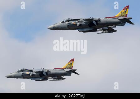 Two Spanish Navy EAV-8B+ Harrier II's in flight. Stock Photo