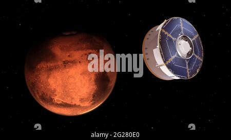 Artist's concept of the spacecraft carrying the Perseverance rover as it approaches Mars. Stock Photo