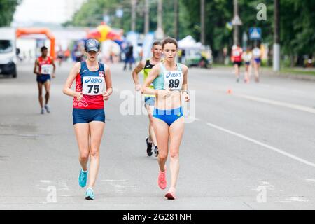 SUMY, UKRAINE - June 6, 2021: Leaders of 20km race walk women championship Lyudmyla Olyanovska 89 and Olena Sobchuk 75 Stock Photo