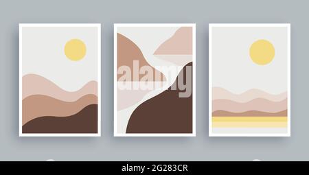 Abstract landscapes mountains wall art painting. Minimalist shape elements hand drawn background. Stock Vector