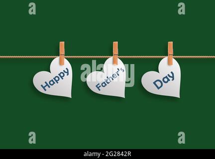 Happy Fathers Day Written In Heart shape. Words hanging in pegs on a Rope. Fathers day Greeting Creative Idea. Tags in Rope Pins. Green Background. 3D Stock Photo