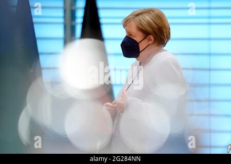 Berlin, Germany. 09th June, 2021. Chancellor Angela Merkel (CDU) arrives for the weekly cabinet meeting of the federal government at the Chancellery. Credit: Markus Schreiber/AP POOL/dpa/Alamy Live News Stock Photo