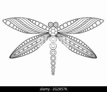 Dragonfly, vector graphic illustration. A beautiful graceful insect with patterned wings. Black engraved dragonfly on a white background. Simple lines Stock Vector
