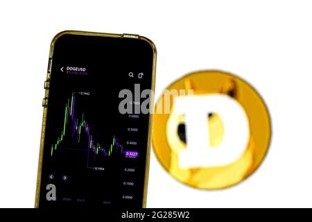 Barcelona, Catalonia, Spain. 8th June, 2021. In this photo illustration, Dogecoin stock market information seen displayed on a smartphone with the Dogecoin logo on the background. Credit: Thiago Prudencio/DAX/ZUMA Wire/Alamy Live News Stock Photo