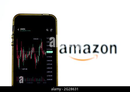 Barcelona, Catalonia, Spain. 8th June, 2021. In this photo illustration, Amazon stock market information seen displayed on a smartphone with the Amazon logo on the background. Credit: Thiago Prudencio/DAX/ZUMA Wire/Alamy Live News Stock Photo