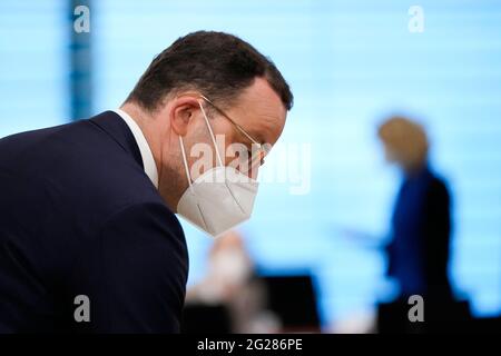 Berlin, Germany. 09th June, 2021. Jens Spahn (CDU), Federal Minister of Health, arrives for the weekly cabinet meeting of the federal government at the Chancellery. Credit: Markus Schreiber/AP POOL/AP/dpa/Alamy Live News Stock Photo