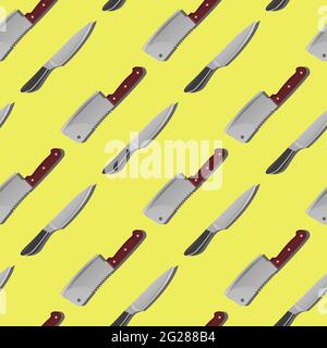Various Knives. Cutlery set. Kitchen utensils. Side view. Hand drawn Vector ill on yellow background. Square seamless Pattern Stock Vector