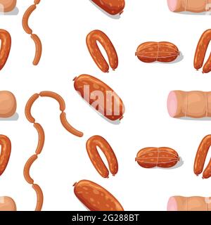 Vector flat meat and sausages icons pattern or background illustration. Seamless pattern sausage and meat food, sirloin and salami Stock Vector